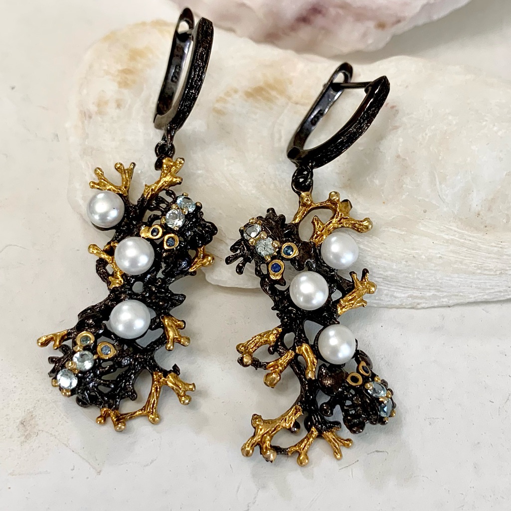 Artist Designed Coastal Crab Aquamarine Pearl Sterling & 14kt Gold Earrings